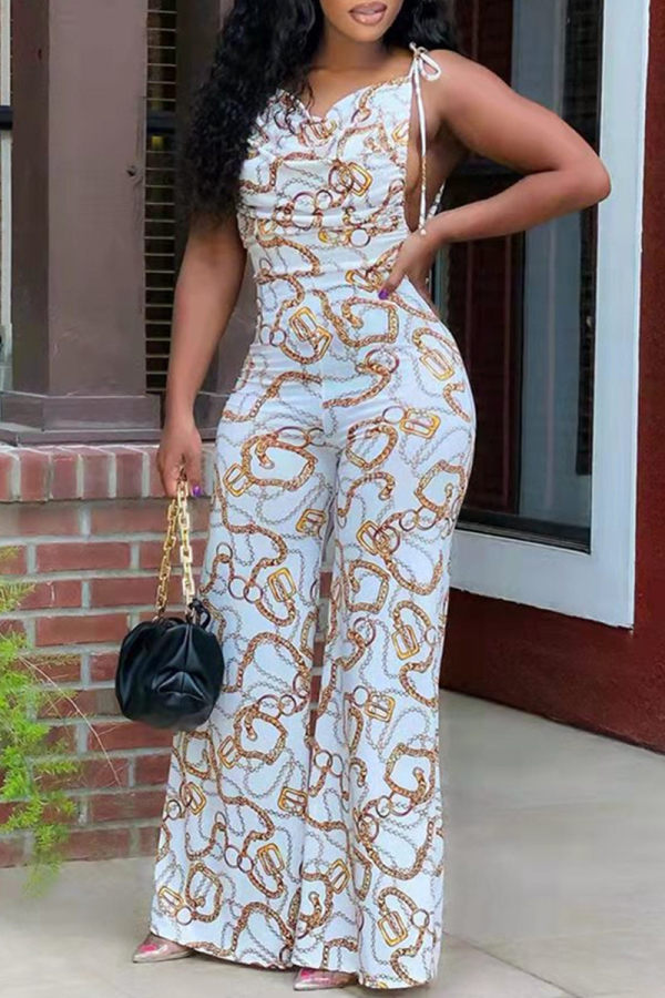 White Fashion Casual Print Bandage Backless Spaghetti Strap Regular Jumpsuits