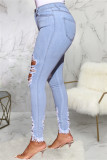 Dark Blue Fashion Casual Solid Ripped Split Joint High Waist Skinny Denim Jeans