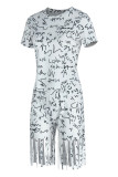 White Casual Street Print Tassel Patchwork Asymmetrical O Neck Short Sleeve Two Pieces