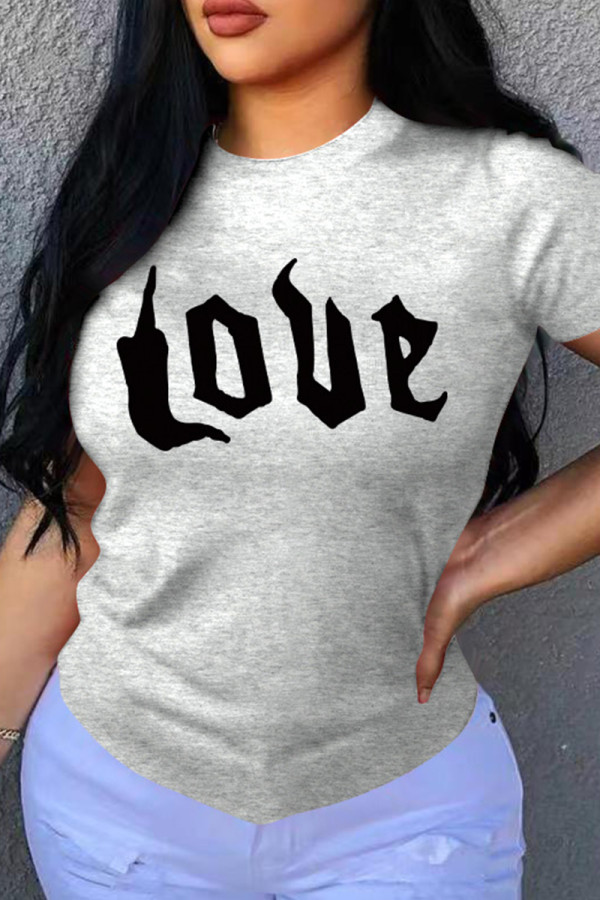 Grey Fashion Casual Letter Print Basic O Neck T-Shirts