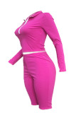 Rose Red Fashion Casual Sportswear Solid Patchwork Turndown Collar Long Sleeve Two Pieces