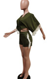 Ink Green Casual Solid Tassel Bandage Split Joint Buckle V Neck Half Sleeve Two Pieces