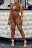 Coffee Sexy Solid Patchwork See-through O Neck Sleeveless Two Pieces
