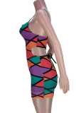 Colour Sexy Street Print Patchwork Backless Spaghetti Strap Pencil Skirt Dresses