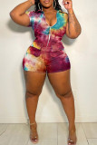 Purplish Blue Fashion Casual Print Tie Dye Patchwork Zipper Collar Skinny Romper