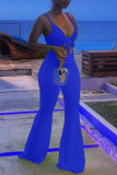 Rose Red Sexy Casual Solid Bandage Hollowed Out Backless Spaghetti Strap Boot Cut Jumpsuits