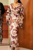Brownness Elegant Print Patchwork V Neck Straight Dresses