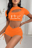 Blue Fashion Casual Print Hollowed Out Draw String Frenulum O Neck Short Sleeve Two Pieces