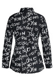 Black Fashion Casual Letter Print Basic Turndown Collar Shirt Dress Dresses