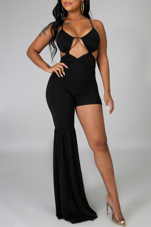 Black Fashion Sexy Solid Hollowed Out Backless Asymmetrical Spaghetti Strap Skinny Jumpsuits