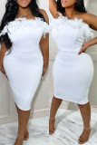 White Fashion Sexy Solid Patchwork Feathers Backless Strapless Sleeveless Dress