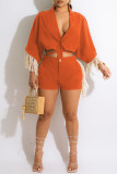 Tangerine Red Casual Solid Tassel Bandage Split Joint Buckle V Neck Half Sleeve Two Pieces