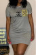 Grey Fashion Casual Print Letter O Neck One Step Skirt Dresses