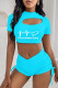 Blue Fashion Casual Print Hollowed Out Draw String Frenulum O Neck Short Sleeve Two Pieces