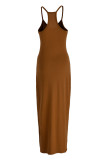 Tangerine Red Fashion Sexy Solid Backless Spaghetti Strap Long Dress