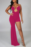 Rose Red Fashion Sexy Solid Hollowed Out Backless Asymmetrical Spaghetti Strap Skinny Jumpsuits