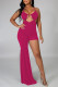 Rose Red Fashion Sexy Solid Hollowed Out Backless Asymmetrical Spaghetti Strap Skinny Jumpsuits