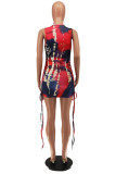 Red Fashion Casual Print Tie Dye Frenulum O Neck Sleeveless Dress