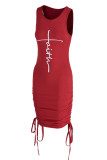 Red Casual Print Bandage Patchwork Fold O Neck One Step Skirt Dresses