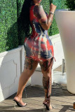 Red Fashion Casual Print Tie Dye Frenulum O Neck Sleeveless Dress