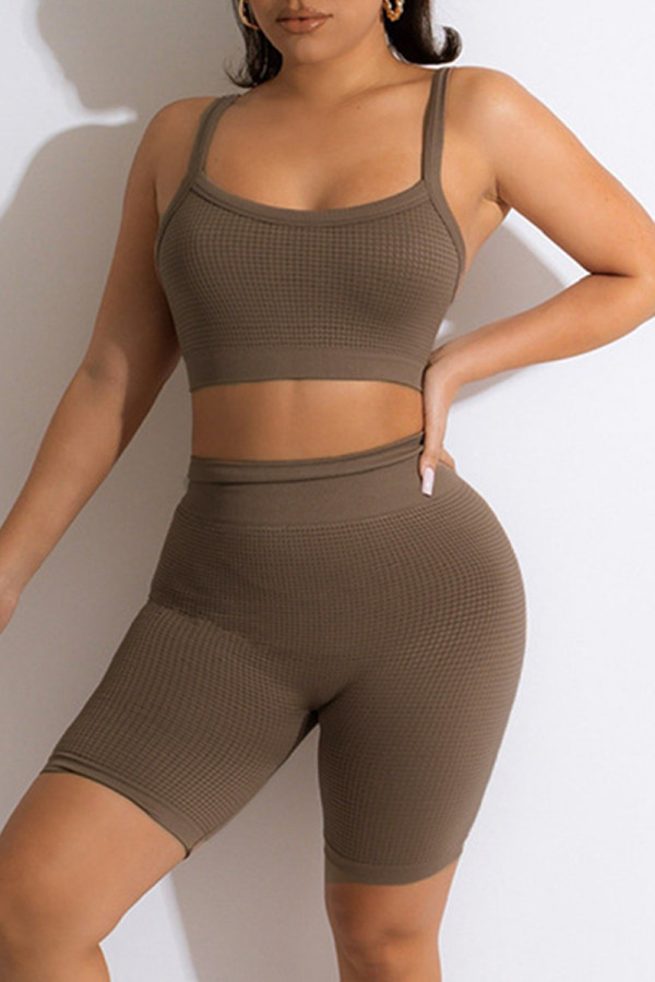 Khaki Casual Sportswear Solid Backless Spaghetti Strap Sleeveless Two Pieces