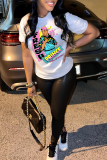 White Fashion Street Print Patchwork Letter O Neck T-Shirts