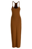 Tangerine Red Fashion Sexy Solid Backless Spaghetti Strap Long Dress
