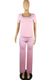 Pink Casual Solid Tassel Patchwork U Neck Short Sleeve Two Pieces