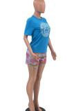 Rose Red Casual Street Print Patchwork O Neck Short Sleeve Two Pieces