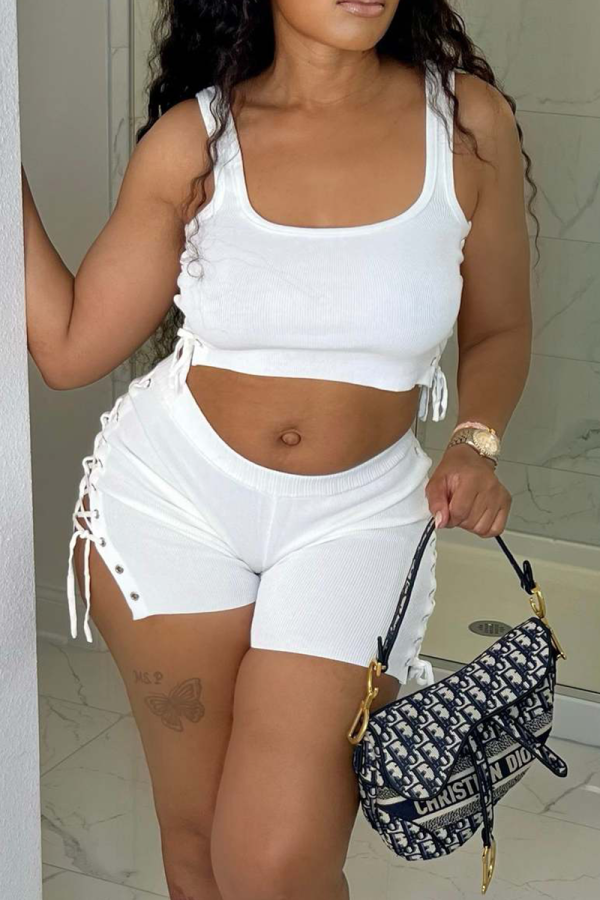 White Sexy Solid Hollowed Out Square Collar Sleeveless Two Pieces