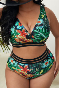 Green Fashion Sexy Print Split Joint Backless V Neck Plus Size Swimwear (With Paddings)
