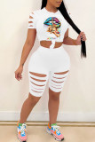 White Sexy Print Ripped Split Joint O Neck Short Sleeve Two Pieces