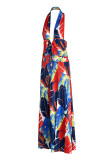 Blue Fashion Sexy Print Hollowed Out Backless Slit Halter Sleeveless Plus Size Dress