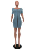Deep Blue Fashion Casual Solid Split Joint O Neck Short Sleeve Regular Denim Dresses