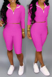 Rose Red Fashion Casual Sportswear Solid Patchwork Turndown Collar Long Sleeve Two Pieces