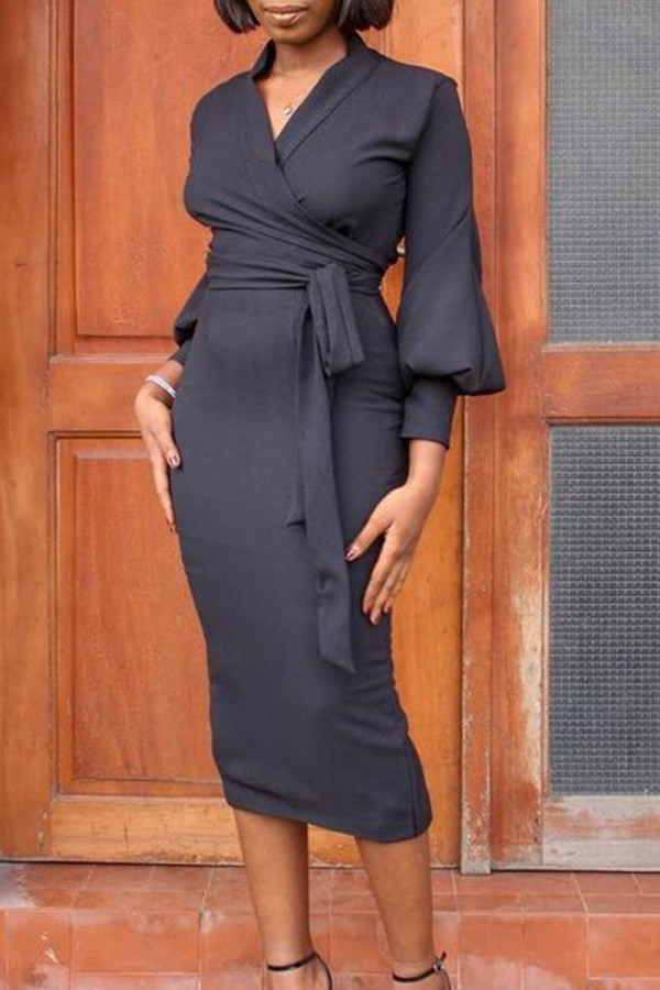 Black Casual Solid Patchwork V Neck One Step Skirt Dresses