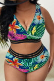 Red Fashion Sexy Print Patchwork Backless V Neck Plus Size Swimwear (With Paddings)