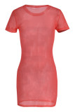 Red Sexy Print Patchwork See-through O Neck One Step Skirt Dresses