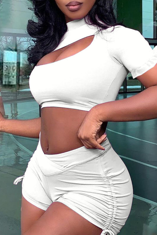 White Fashion Casual Solid Hollowed Out Patchwork Turtleneck Short Sleeve Two Pieces