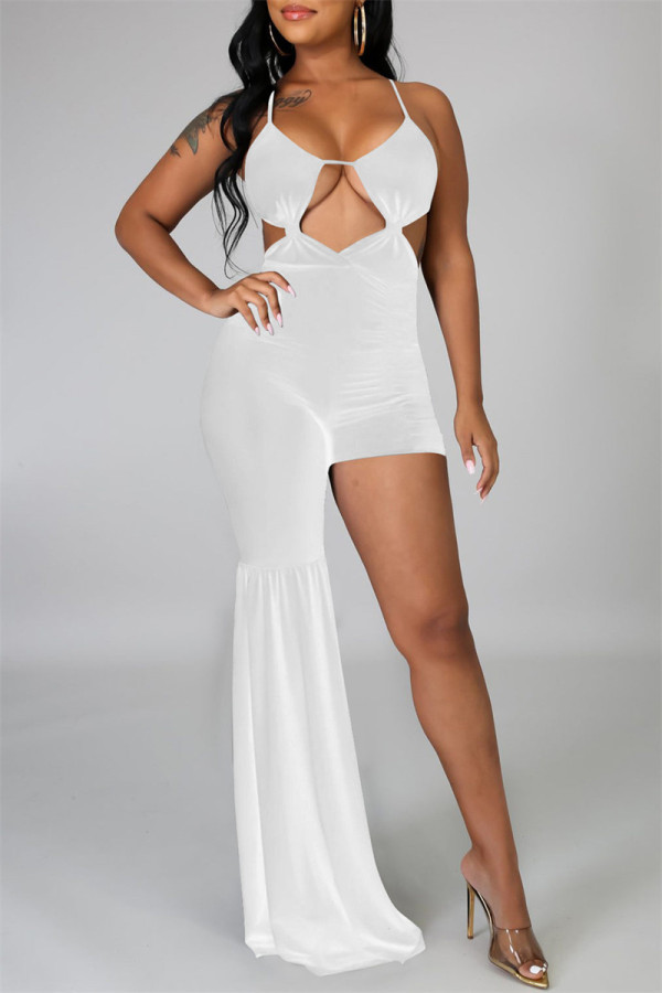 White Fashion Sexy Solid Hollowed Out Backless Asymmetrical Spaghetti Strap Skinny Jumpsuits