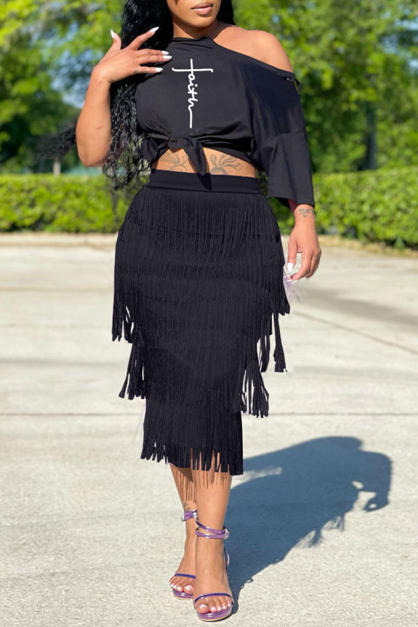 Black Casual Print Tassel Patchwork Oblique Collar Short Sleeve Two Pieces