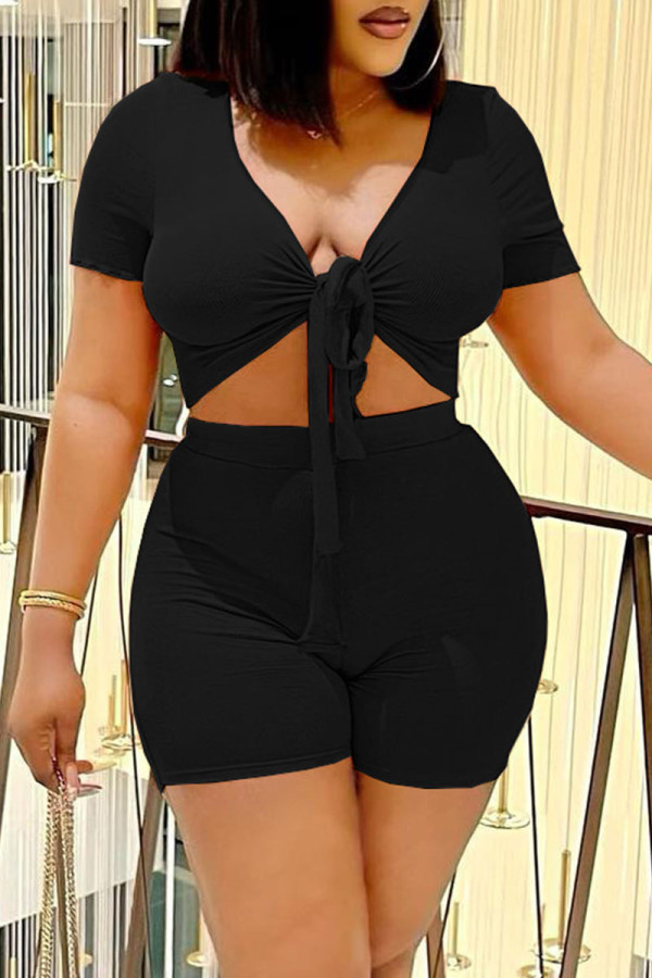 Black Fashion Casual Solid Bandage V Neck Short Sleeve Two Pieces