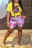 Rose Red Casual Street Print Patchwork O Neck Short Sleeve Two Pieces