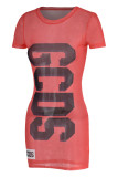 Red Sexy Print Patchwork See-through O Neck One Step Skirt Dresses