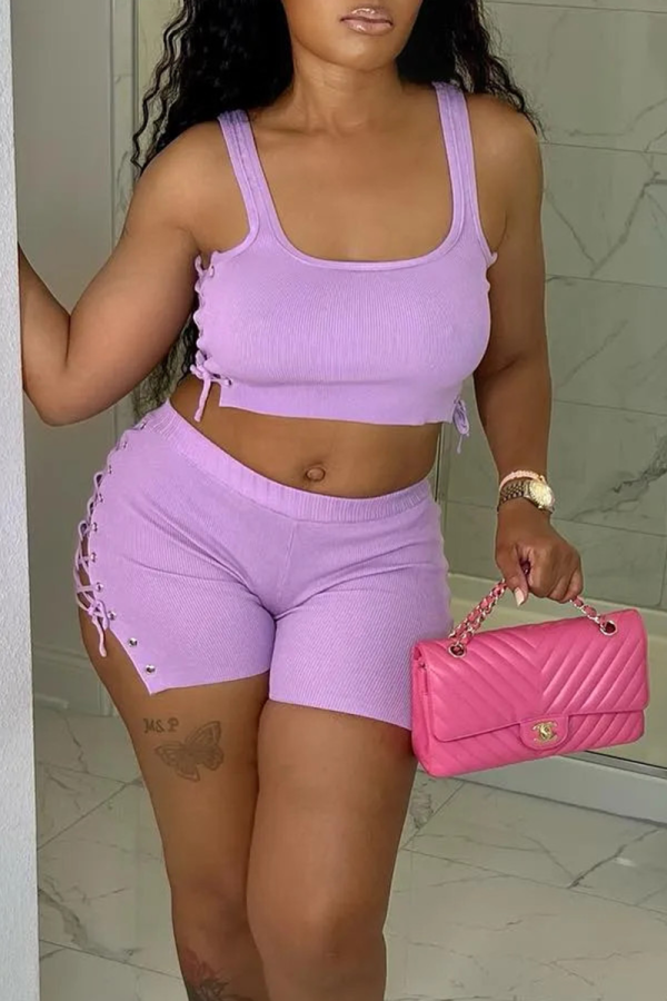 Light Color Sexy Solid Hollowed Out Square Collar Sleeveless Two Pieces