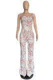 White Fashion Casual Print Bandage Backless Spaghetti Strap Regular Jumpsuits
