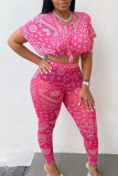 Green Sexy Print Patchwork See-through O Neck Short Sleeve Two Pieces