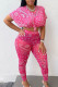 Rose Red Sexy Print Patchwork See-through O Neck Short Sleeve Two Pieces
