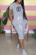 Grey Fashion Casual Print Letter O Neck One Step Skirt Dresses