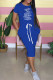 Blue Fashion Casual Print Letter O Neck One Step Skirt Dresses